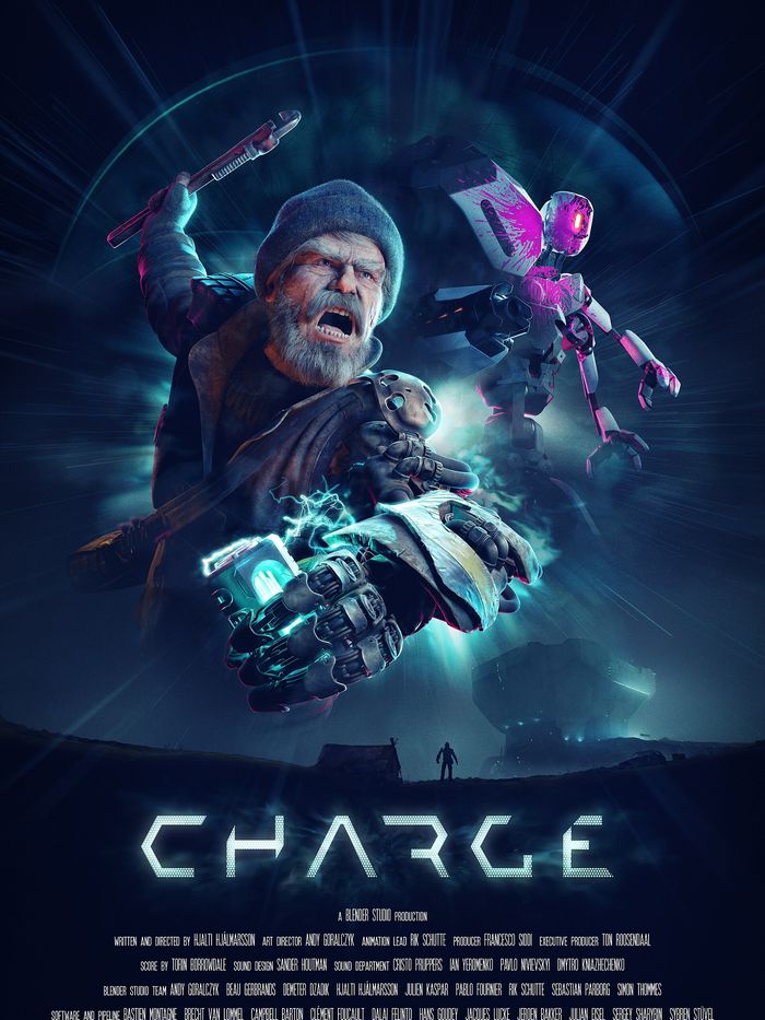 Poster for Charge, an animated short made in Blender: an old man and a robot in neon light