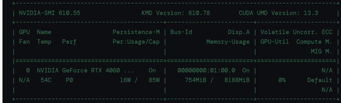 nvidia-smi output in a terminal: NVIDIA GeForce RTX 4060, 54 degrees, 754 of 8188 MiB memory used